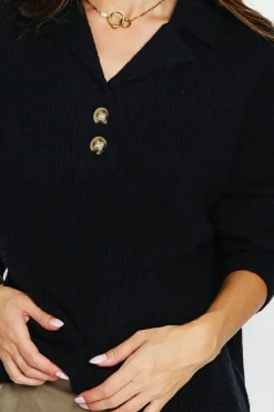 Assuili Pulls|Pull large en Cachemire mélangé col polo noir