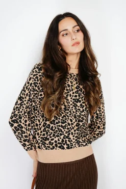 Assuili Pulls|Pull large en Cachemire mélangé col rond léopard camel/marron