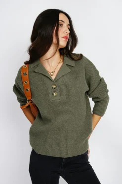 Assuili Pulls|Pull large en Cachemire mélangé col polo kaki