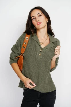 Assuili Pulls|Pull large en Cachemire mélangé col polo kaki