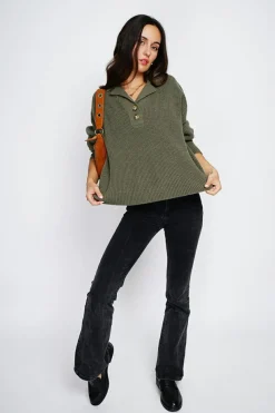 Assuili Pulls|Pull large en Cachemire mélangé col polo kaki