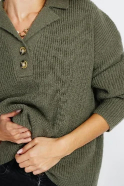 Assuili Pulls|Pull large en Cachemire mélangé col polo kaki