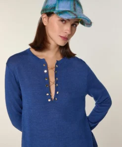 Rodier Pulls|Pull Laury-Anne 100% Laine chaine col V bleu saphir