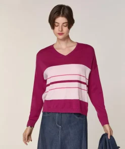 Rodier Pulls|Pull Mafalda 100% Laine col V rayures violet cassis