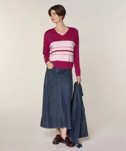 Rodier Pulls|Pull Mafalda 100% Laine col V rayures violet cassis