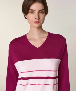 Rodier Pulls|Pull Mafalda 100% Laine col V rayures violet cassis