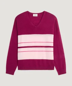 Rodier Pulls|Pull Mafalda 100% Laine col V rayures violet cassis