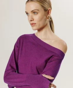 Rodier Pulls|Pull Mauricette 100% laine épaule nue asymétrique rose fuchsia