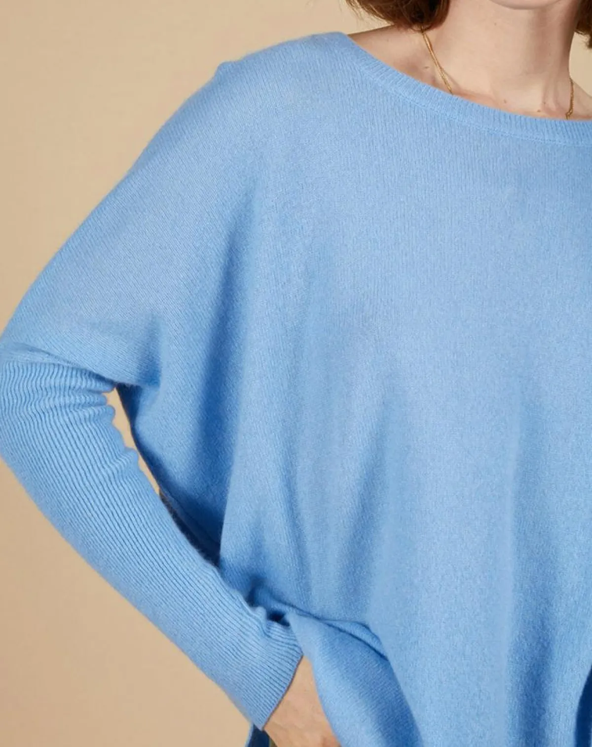 Cashmere Tribu Pulls|Pull poncho 100% Cachemire Alizée col rond bleu topaze