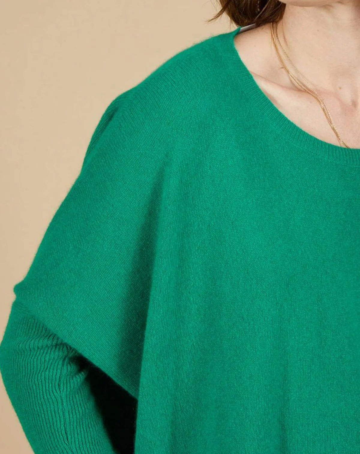 Cashmere Tribu Pulls|Pull poncho 100% Cachemire Alizée col rond vert impérial