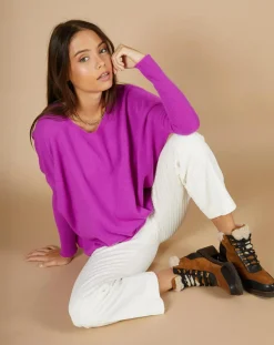 Cashmere Tribu Pulls|Pull poncho 100% Cachemire Alizée col rond violet fluo