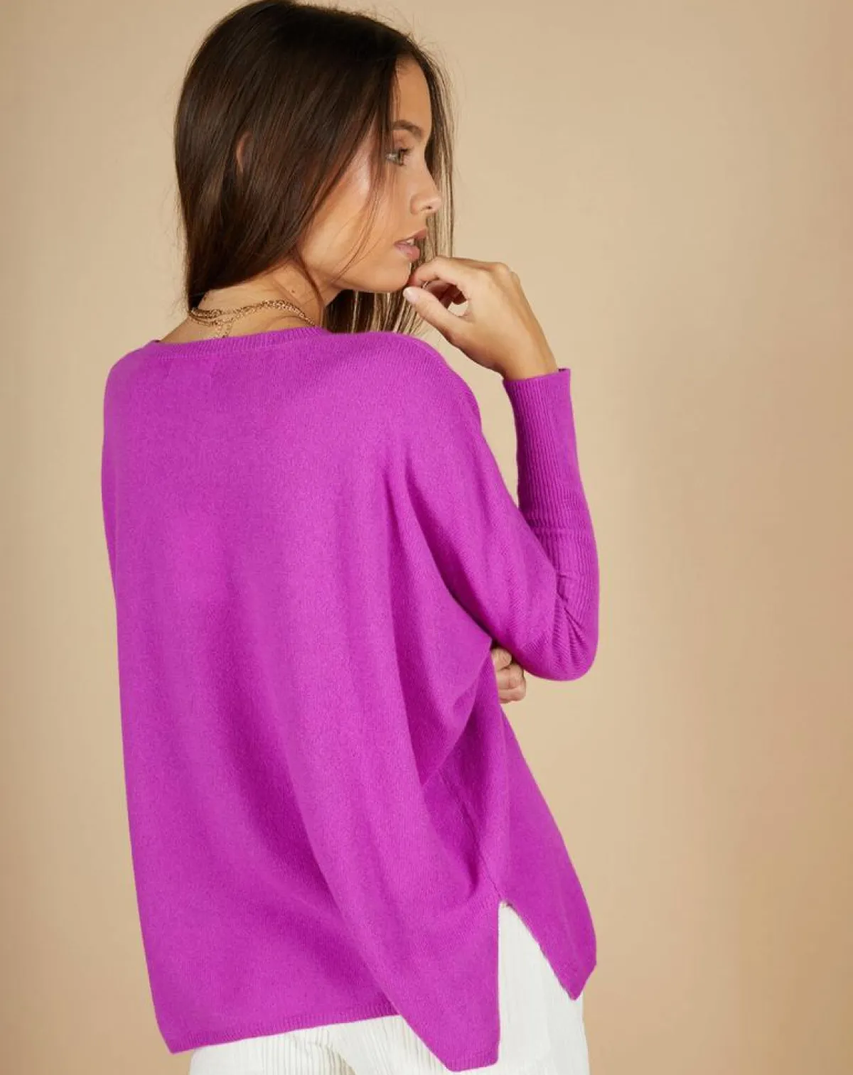 Cashmere Tribu Pulls|Pull poncho 100% Cachemire Alizée col rond violet fluo