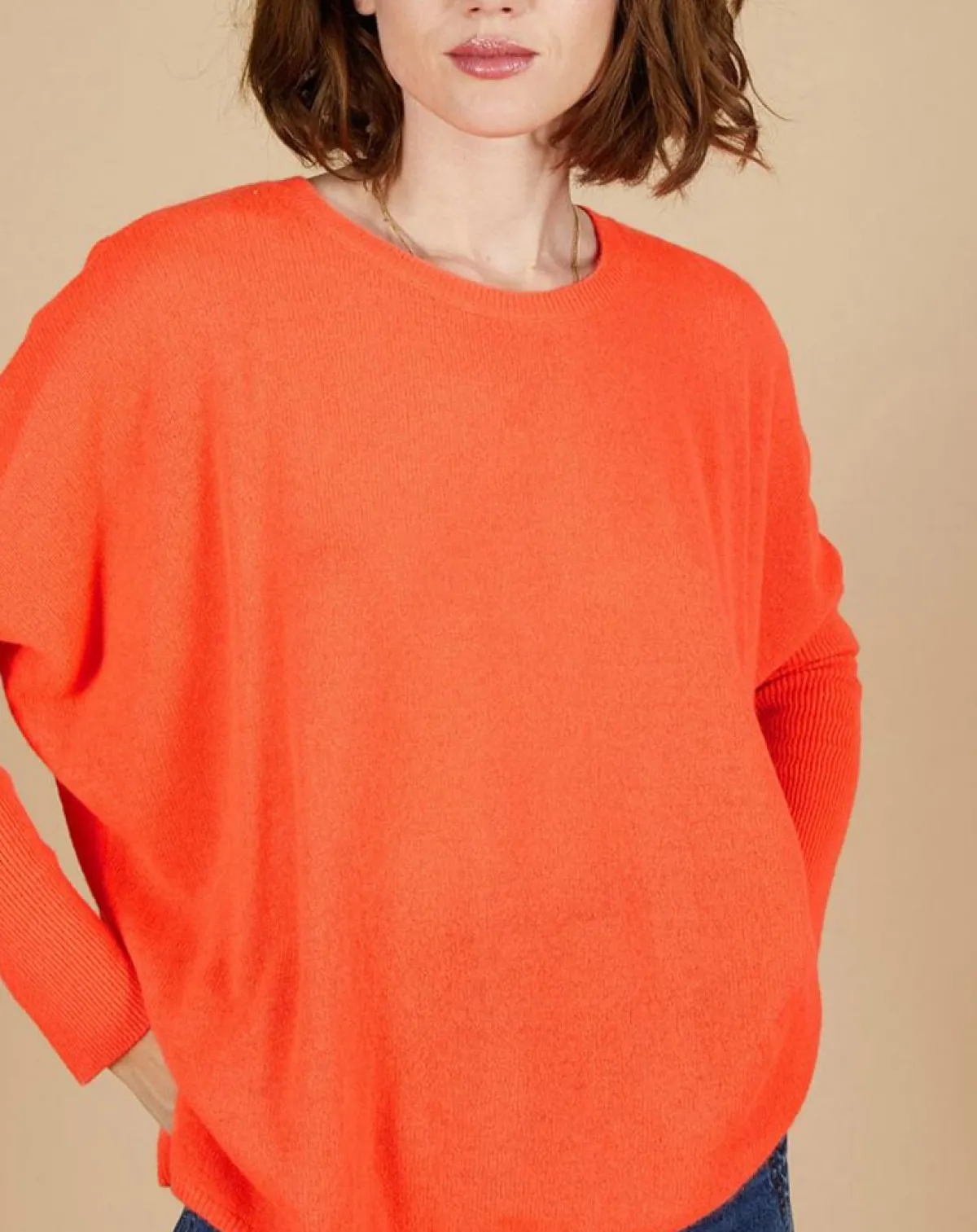 Cashmere Tribu Pulls|Pull poncho 100% Cachemire Alizée col rond corail fluo