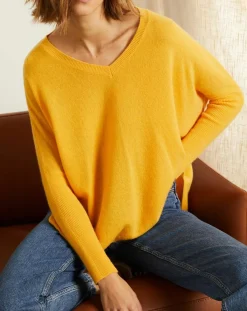 Miss Cashmere Pulls|Pull poncho 100% Cachemire Axelle Col V moutarde