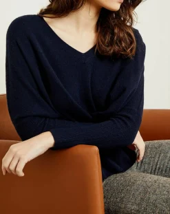 Miss Cashmere Pulls|Pull poncho 100% Cachemire Axelle Col V bleu marine