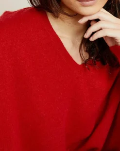 Miss Cashmere Pulls|Pull poncho 100% Cachemire Axelle Col V rouge