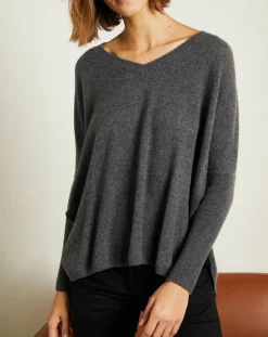 Miss Cashmere Pulls|Pull poncho 100% Cachemire Axelle Col V gris chiné foncé