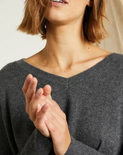 Miss Cashmere Pulls|Pull poncho 100% Cachemire Axelle Col V gris chiné foncé