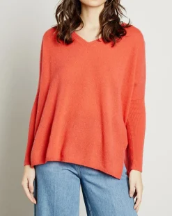 Miss Cashmere Pulls|Pull poncho 100% Cachemire col V Chloé à bande cocktail/bleu marine