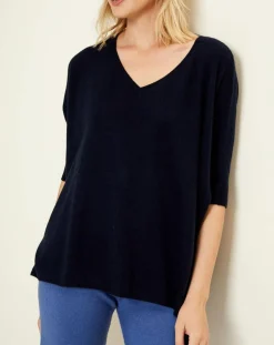 Uverny Pulls|Pull poncho 100% Cachemire col V Sevilla bleu marine