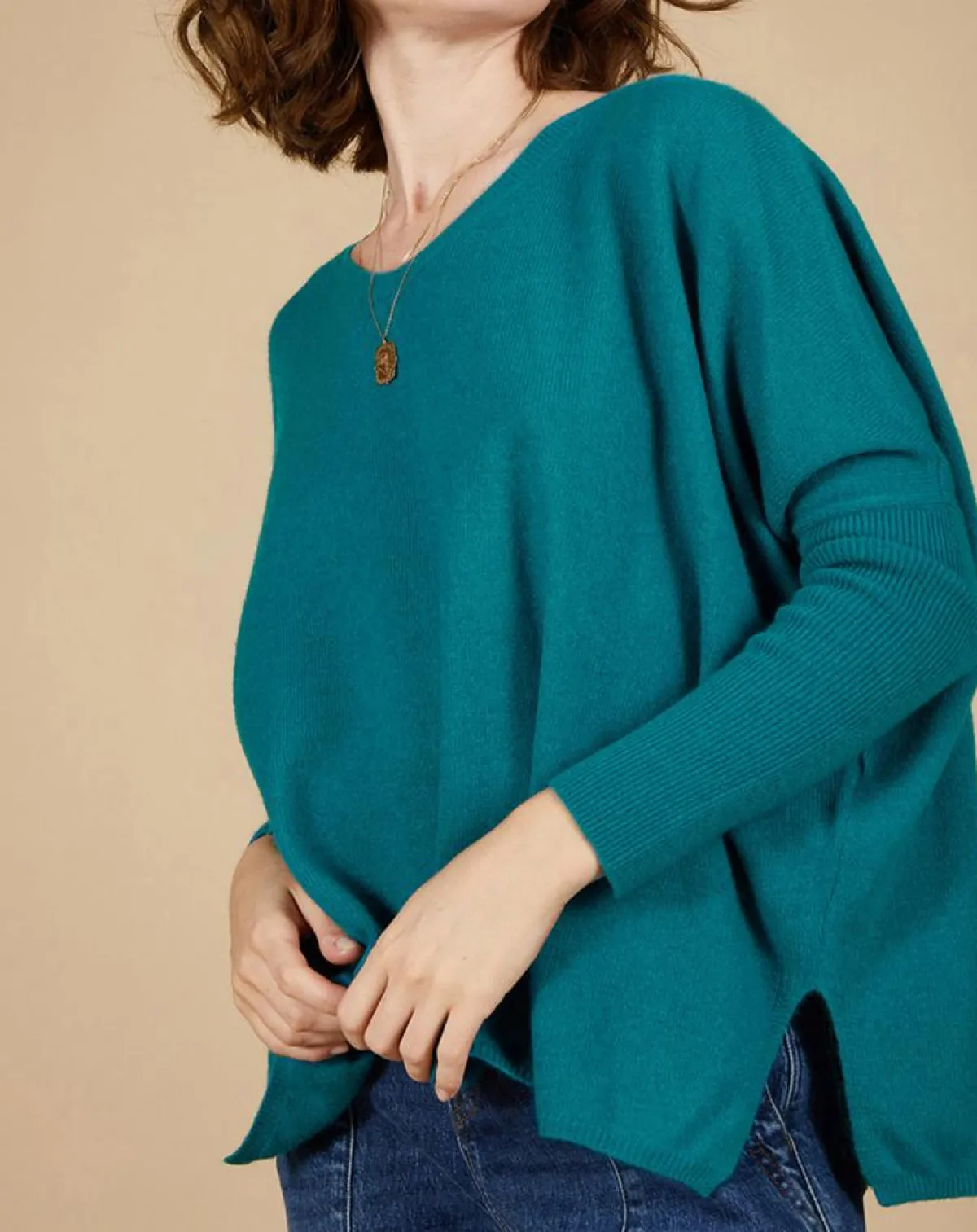 Cashmere Tribu Pulls|Pull poncho 100% Cachemire Emma col V bleu paon
