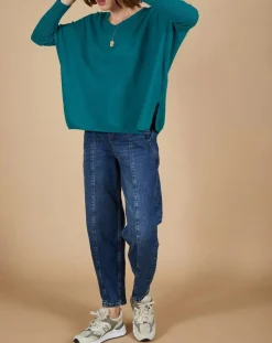 Cashmere Tribu Pulls|Pull poncho 100% Cachemire Emma col V bleu paon