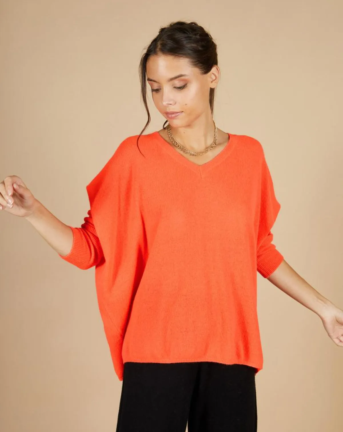 Cashmere Tribu Pulls|Pull poncho 100% Cachemire Emma col V corail fluo
