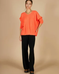 Cashmere Tribu Pulls|Pull poncho 100% Cachemire Emma col V corail fluo