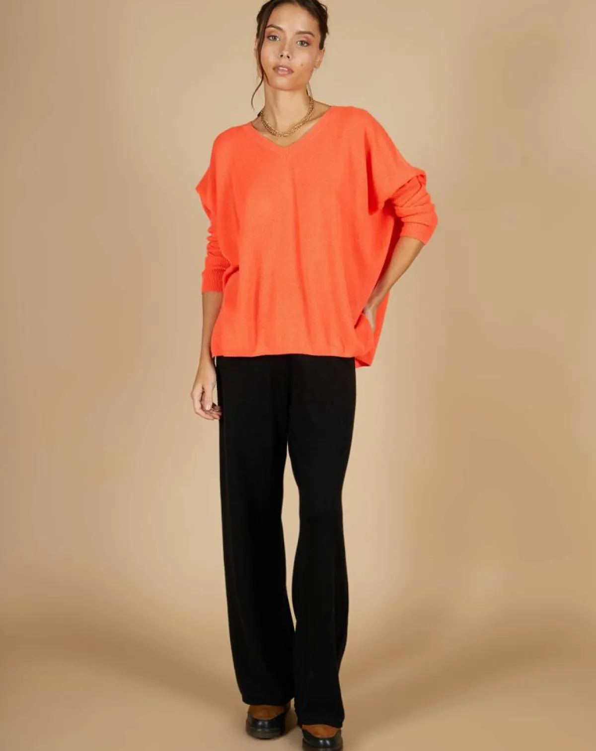 Cashmere Tribu Pulls|Pull poncho 100% Cachemire Emma col V corail fluo