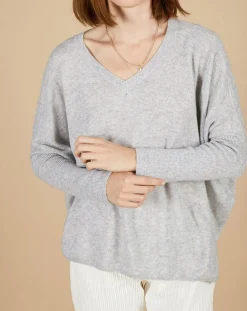 Cashmere Tribu Pulls|Pull poncho 100% Cachemire Emma col V gris chiné clair