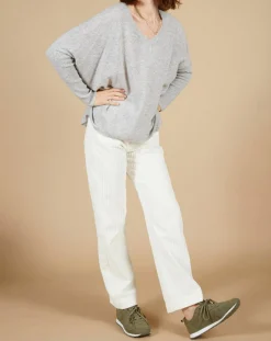 Cashmere Tribu Pulls|Pull poncho 100% Cachemire Emma col V gris chiné clair