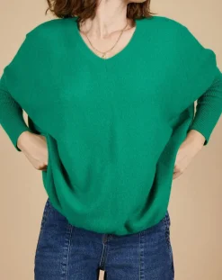 Cashmere Tribu Pulls|Pull poncho 100% Cachemire Emma col V vert impérial