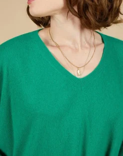 Cashmere Tribu Pulls|Pull poncho 100% Cachemire Emma col V vert impérial