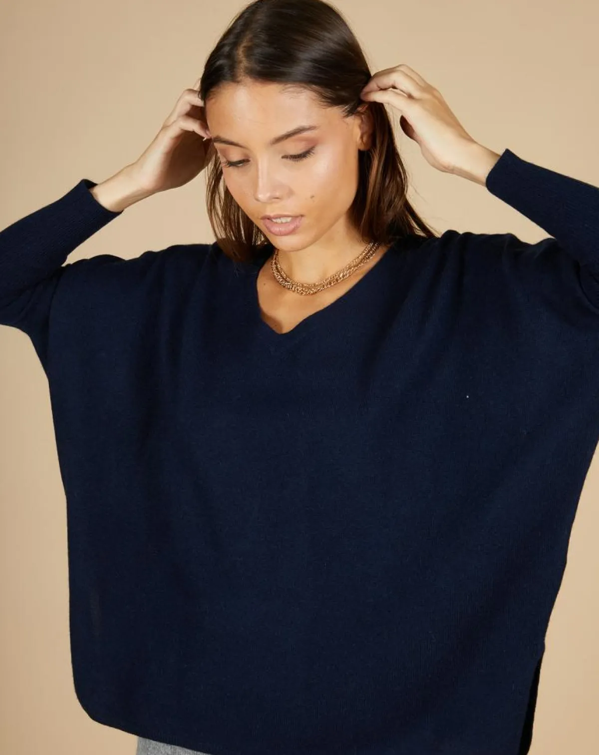 Cashmere Tribu Pulls|Pull poncho 100% Cachemire Emma col V bleu marine