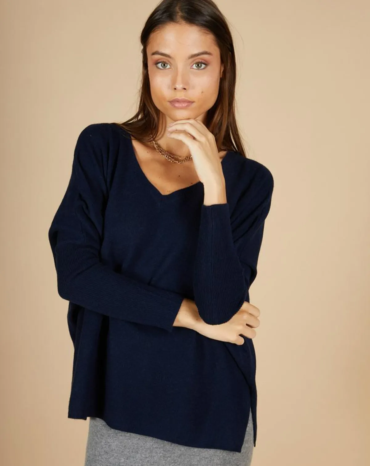Cashmere Tribu Pulls|Pull poncho 100% Cachemire Emma col V bleu marine