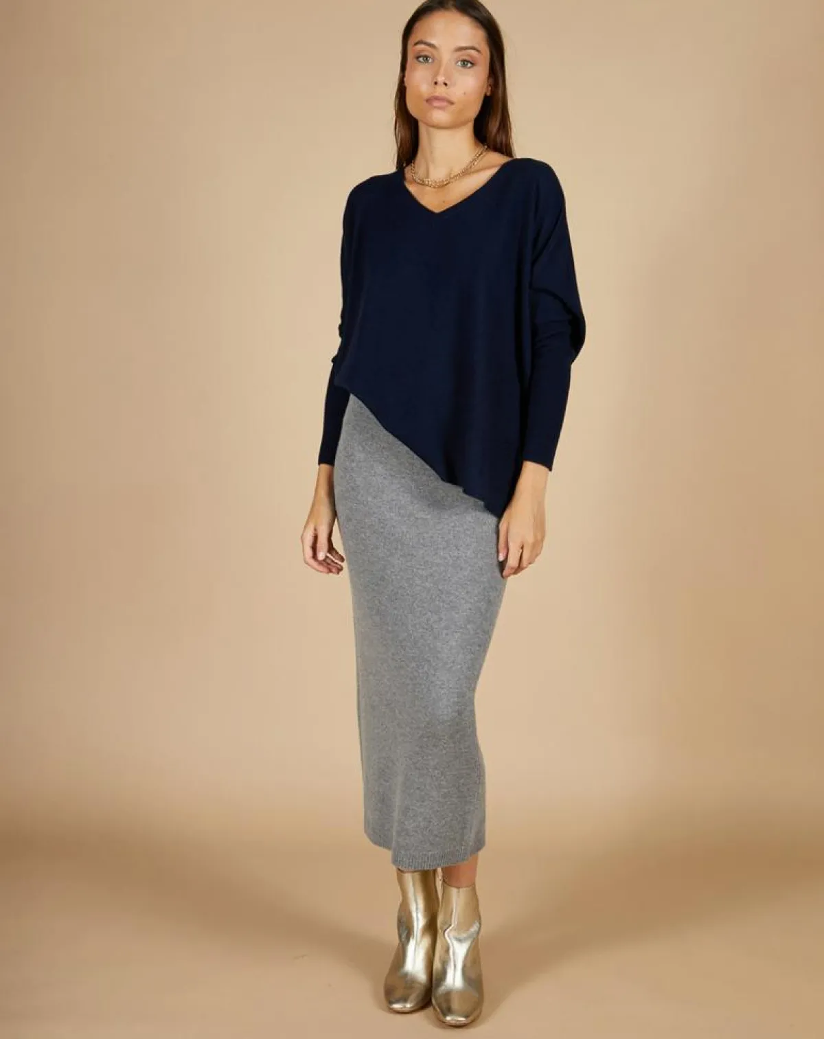 Cashmere Tribu Pulls|Pull poncho 100% Cachemire Emma col V bleu marine