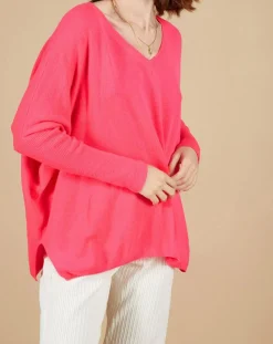 Cashmere Tribu Pulls|Pull poncho 100% Cachemire Emma col V rose fluo