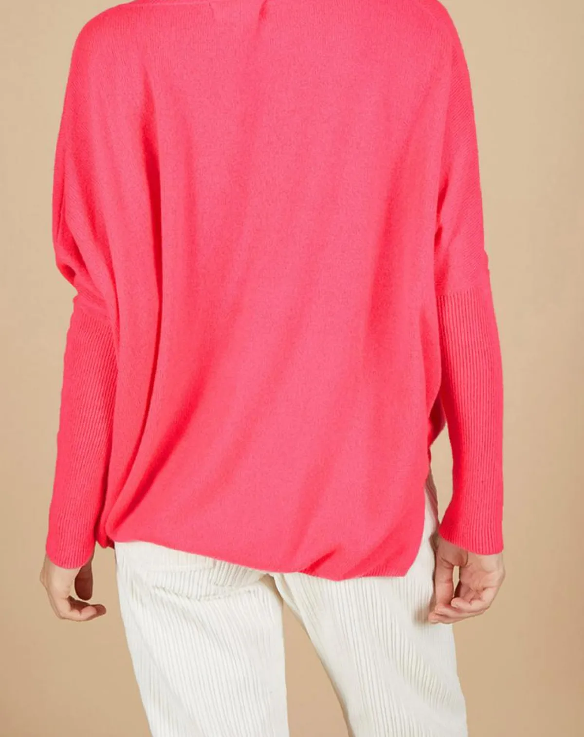 Cashmere Tribu Pulls|Pull poncho 100% Cachemire Emma col V rose fluo
