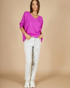 Cashmere Tribu Pulls|Pull poncho 100% Cachemire Emma col V violet fluo