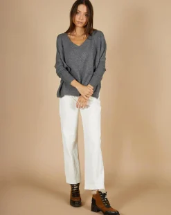 Cashmere Tribu Pulls|Pull poncho 100% Cachemire Emma col V gris chiné foncé