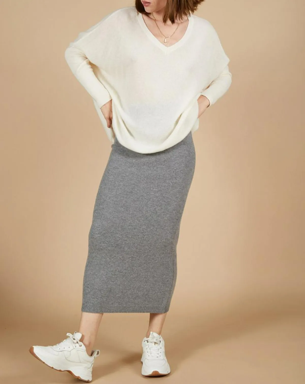 Cashmere Tribu Pulls|Pull poncho 100% Cachemire Emma col v écru