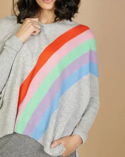 Cashmere Tribu Pulls|Pull poncho 100% Cachemire Intarsia Soleil col V gris chiné clair