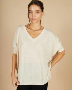 Cashmere Tribu Pulls|Pull poncho 100% Cachemire Kelly col V manches courtes beige chiné