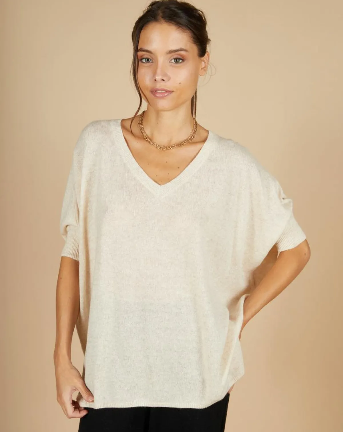 Cashmere Tribu Pulls|Pull poncho 100% Cachemire Kelly col V manches courtes beige chiné