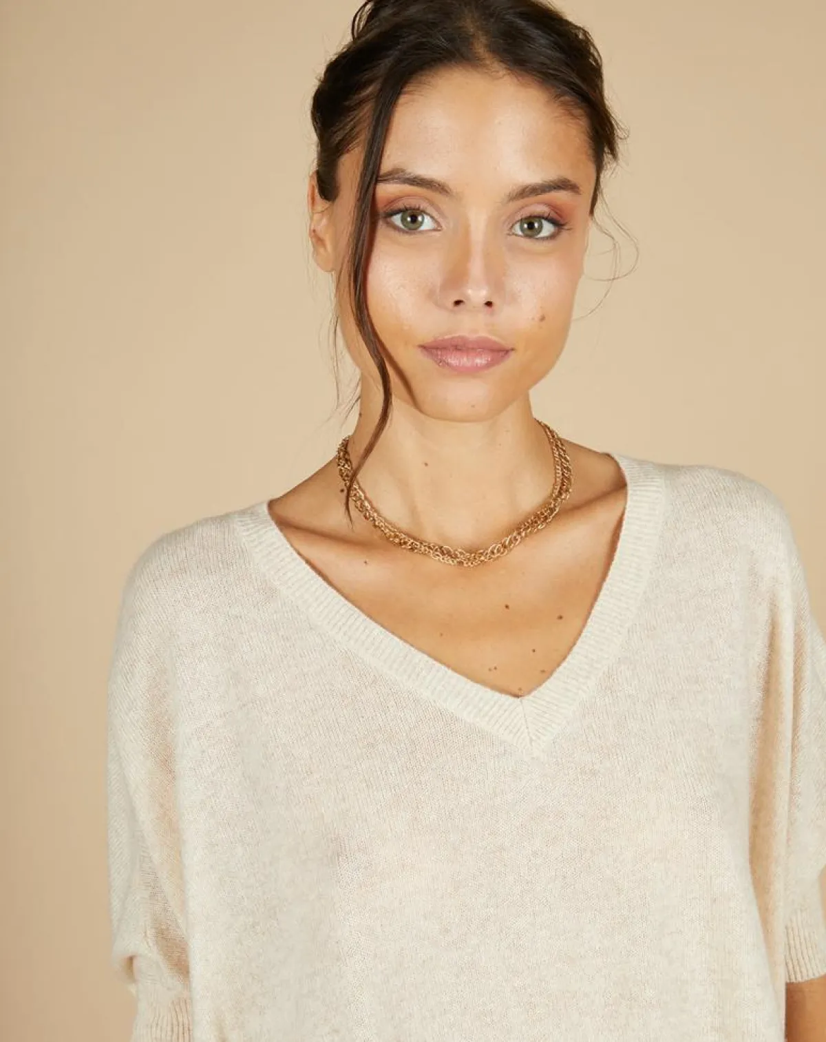 Cashmere Tribu Pulls|Pull poncho 100% Cachemire Kelly col V manches courtes beige chiné