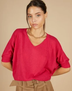Cashmere Tribu Pulls|Pull poncho 100% Cachemire Kelly col V manches courtes fuschia