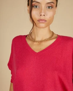 Cashmere Tribu Pulls|Pull poncho 100% Cachemire Kelly col V manches courtes fuschia