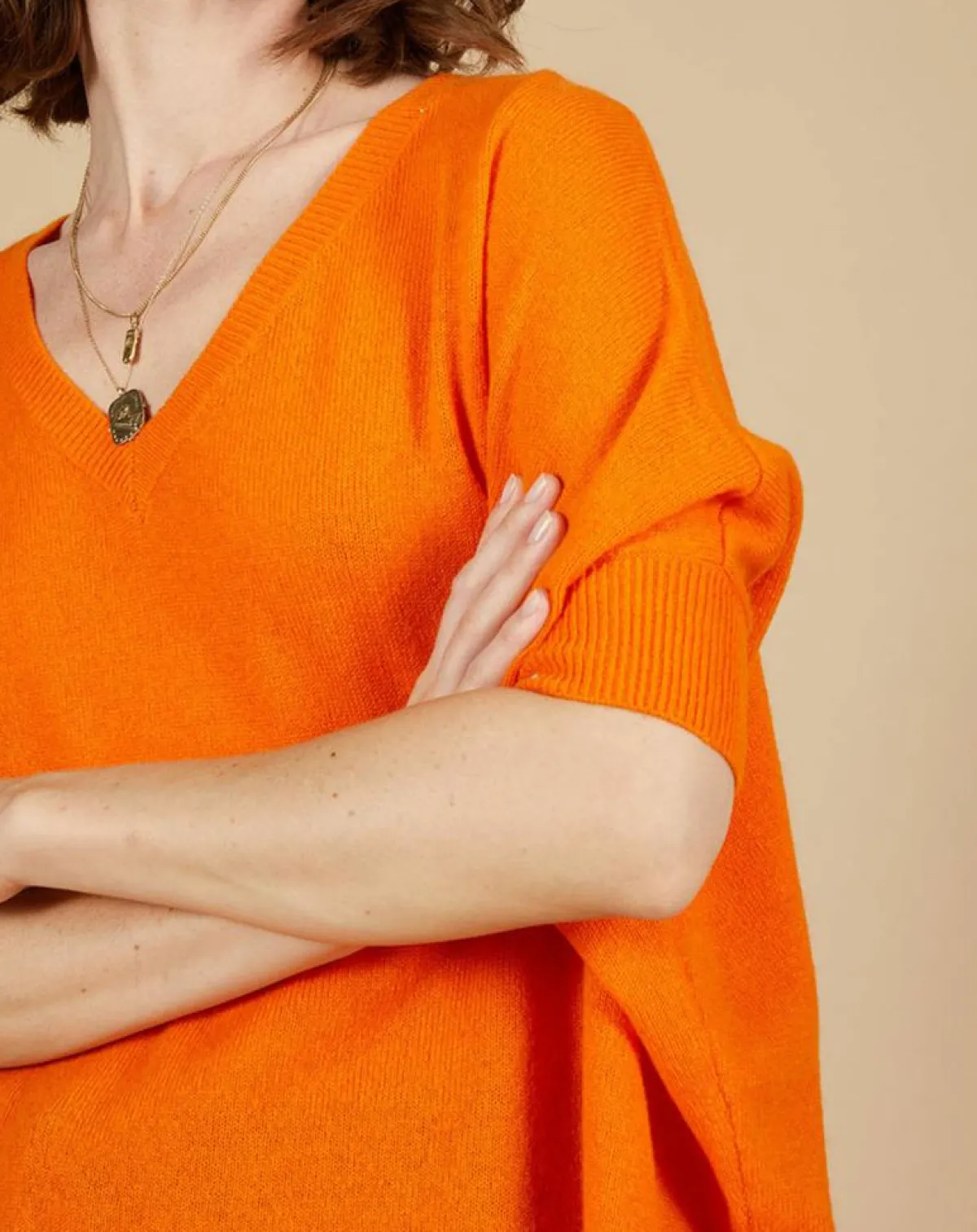 Cashmere Tribu Pulls|Pull poncho 100% Cachemire Kelly col V manches courtes mangue