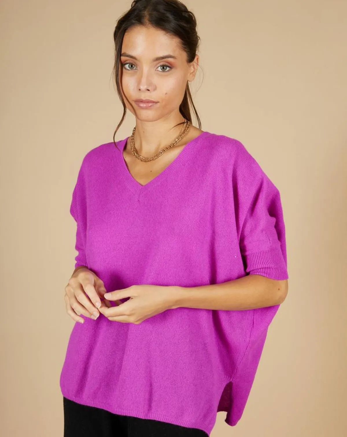 Cashmere Tribu Pulls|Pull poncho 100% Cachemire Kelly col V manches courtes violet fluo