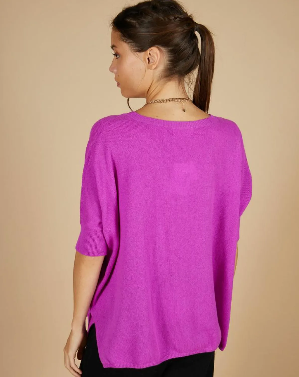 Cashmere Tribu Pulls|Pull poncho 100% Cachemire Kelly col V manches courtes violet fluo